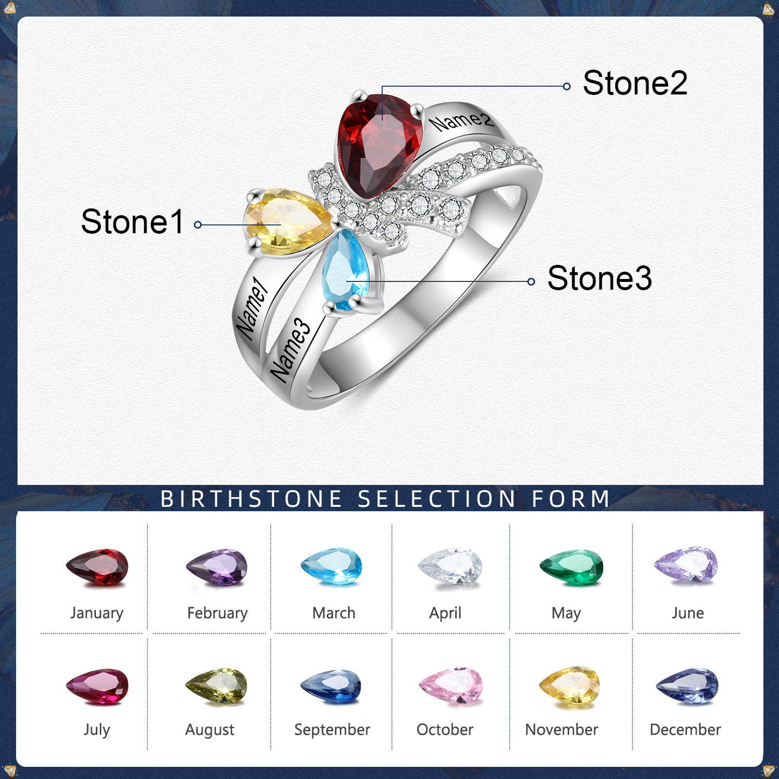 Personalised Butterfly Ring With 3 Birthstones Engraved Names Ring Gifts For Her-Jessemade AU