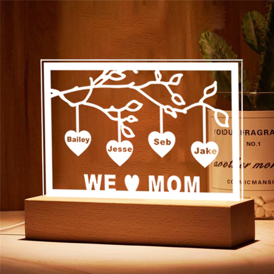 Personalised Family Tree Night Light LED Sign Engraved 4 Names Plaque USB Power Lamp-Jessemade AU
