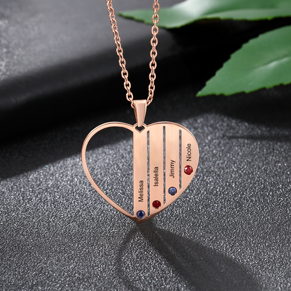 Personalised Heart Necklace With 4 Birthstones Engraved Names Gift For Her-Jessemade AU