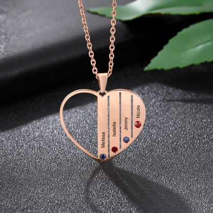 Personalised Heart Necklace With 4 Birthstones Engraved Names Gift For Her-Jessemade AU