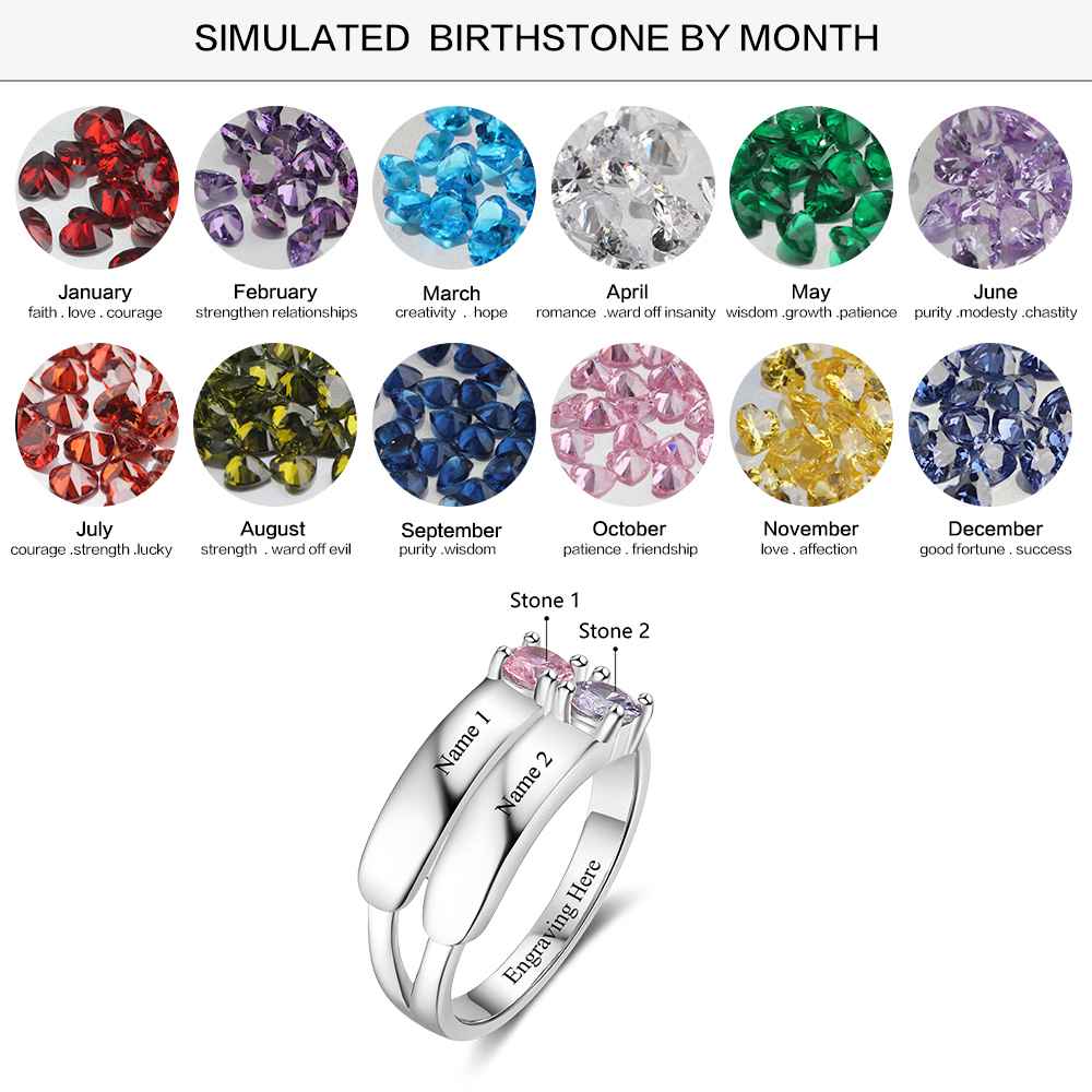S925 Silver Ring Personalised 2 Birthstones Promise Ring With Names Gifts For Her-Jessemade AU