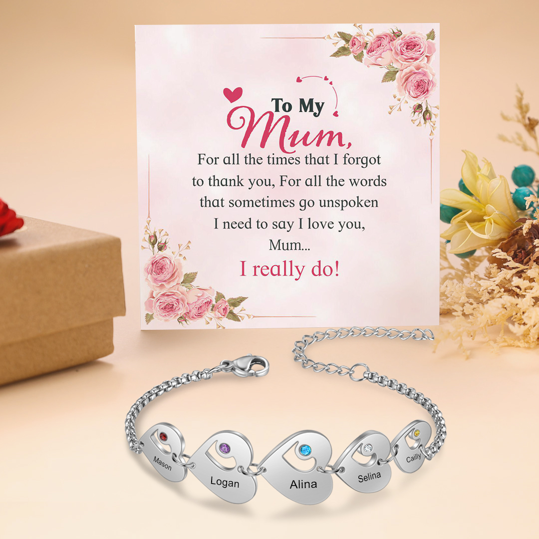 Personalised Heart Bracelet with Birthstones Custom 5 Names Family Bracelet Gifts for Her-Jessemade AU