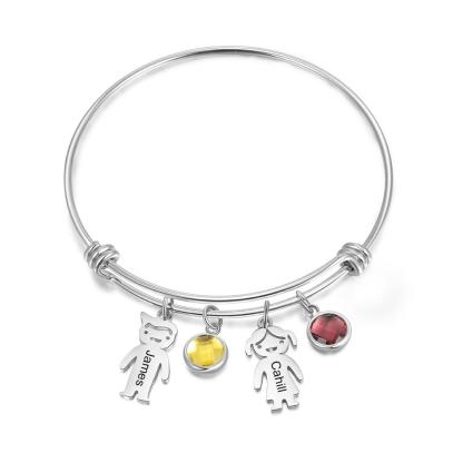 Bangle Bracelet with Kids Charms 2 Birthstone Engraved 2 Names Rose Box Set-Jessemade AU