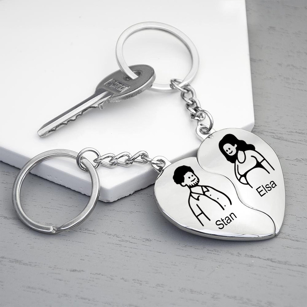 Personalised Couple Heart Keychain Set Custom 2 Names Matching Couple Keyring Valentine's Day Gifts For Couples-Jessemade AU
