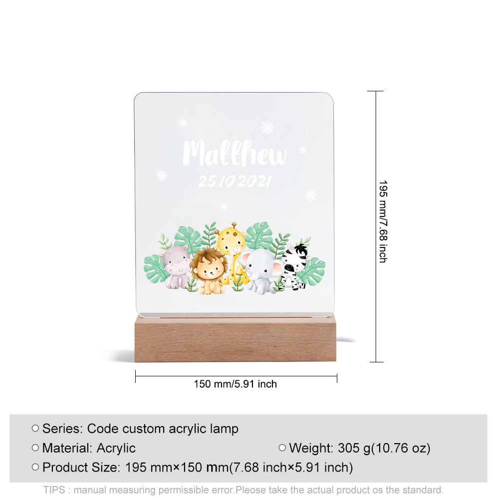 Personalised Name Night Light Animal Zoo LED Night Light Custom Date Nursery Birthday Gifts For Kids-Jessemade AU