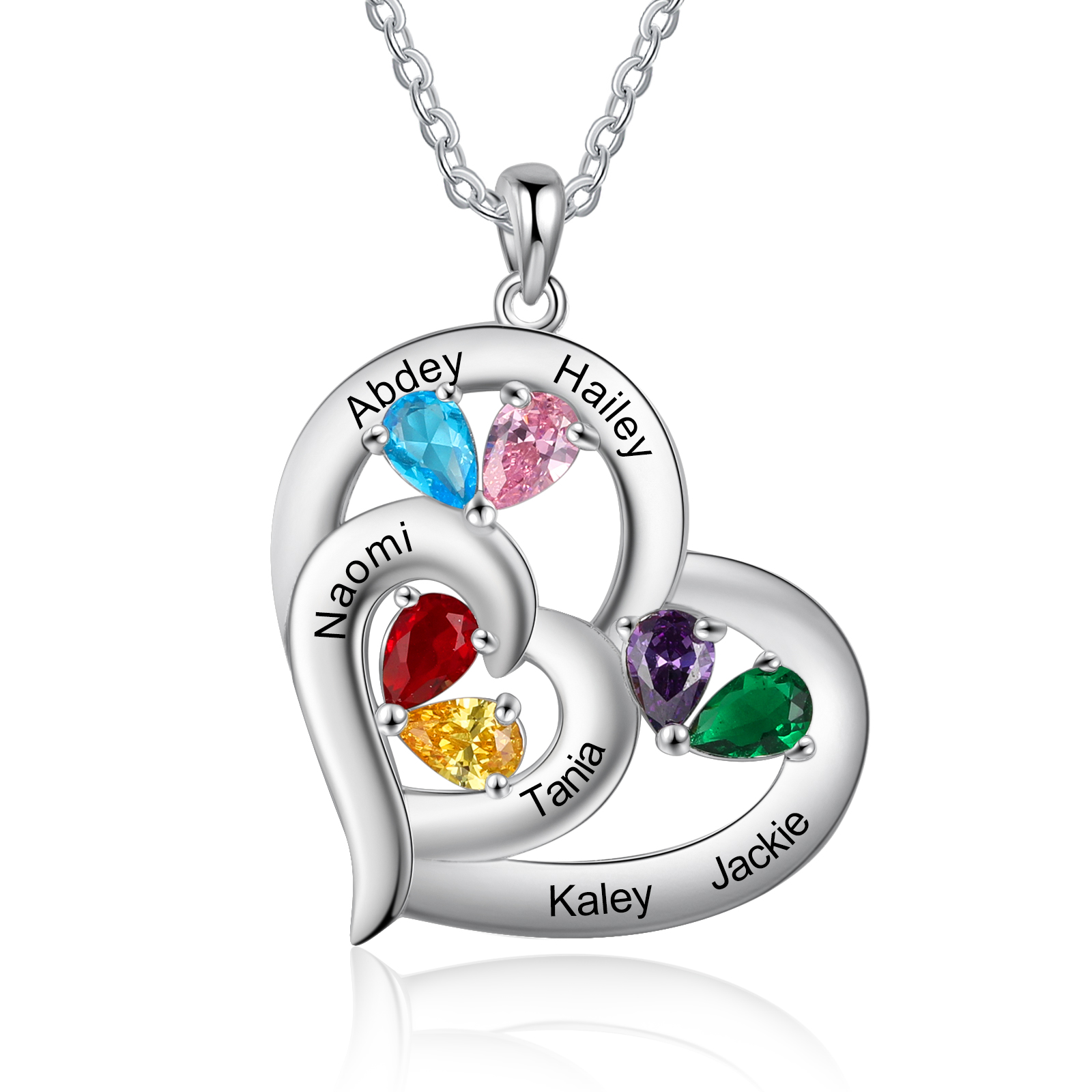 Personalised Heart Necklace With 6 Birthstones Engraved Names Gift For Her-Jessemade AU