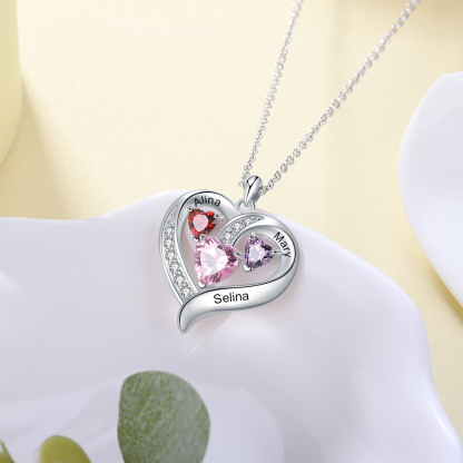 Personalised Heart Necklace With 3 Birthstones Engraved Names Gift For Her-Jessemade AU