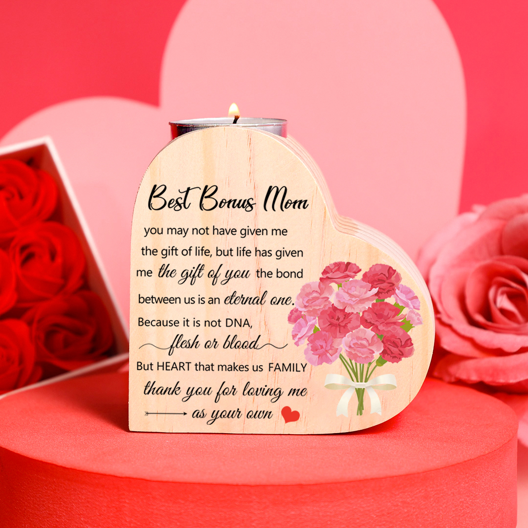 To My Mom Heart Candle Holder Wooden Candlestick Mothers Gifts-Thank you for loving me as your own-Jessemade AU
