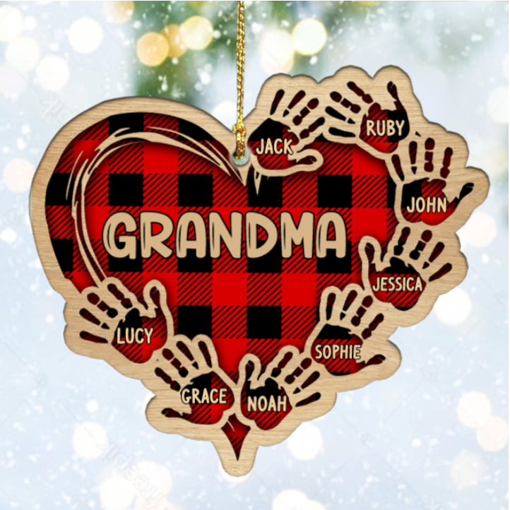 Grandma Mom Heart Hand Print Wood Ornament Custom 8 Names for Family-Jessemade AU