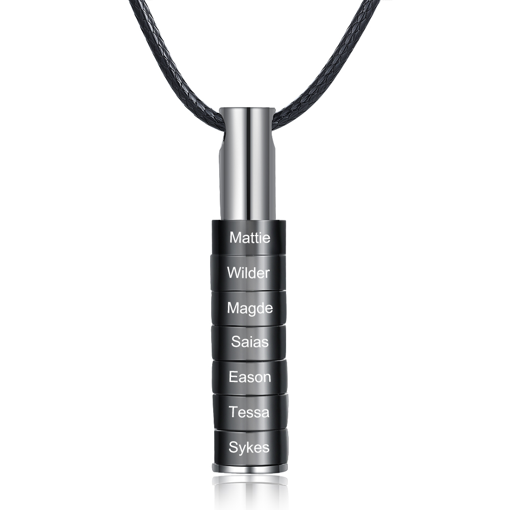 Personalised Vertical Cylinder Pendant Necklace with Beads Engraved 7 Names Men's Necklace for Him-Jessemade AU