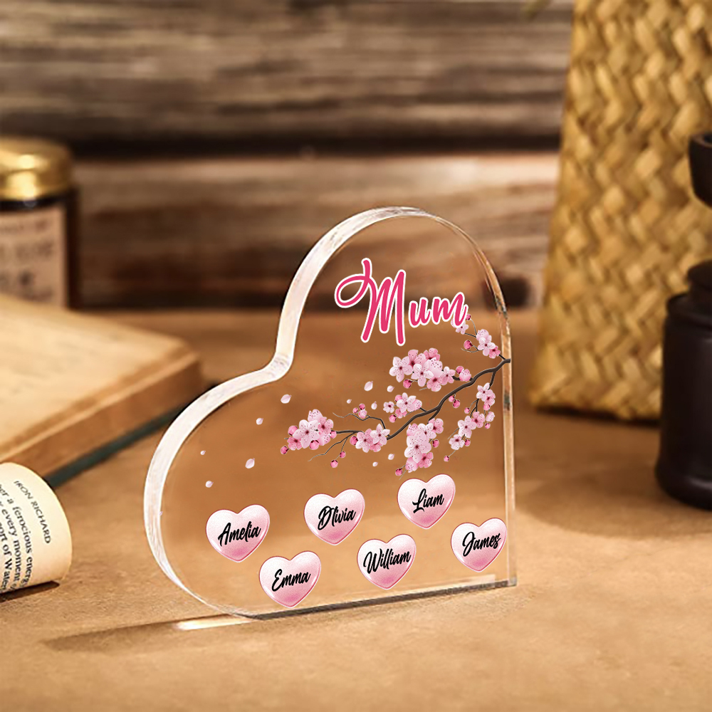 6 Names - Personalised Acrylic Heart Keepsake Custom Text Peach Blossom Ornaments Gifts for Grandma/Mother-Jessemade AU