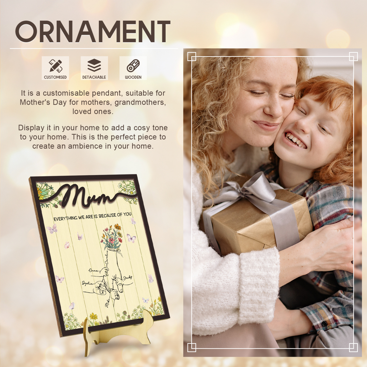 Personalised 5 Names Wooden Plaque Holding Mum's Hand Desktop Decoration With Stand - EVERYTHING WE ARE IS BECAUSE OF YOU-Jessemade AU