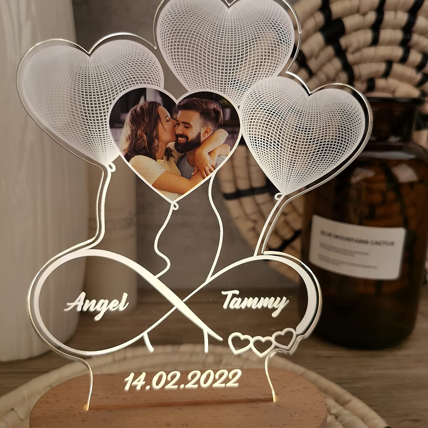 Personalised Heart Balloon Night Light Custom Photo Engraving 2 Names Infinite Love Style Wooden Lamp-Jessemade AU
