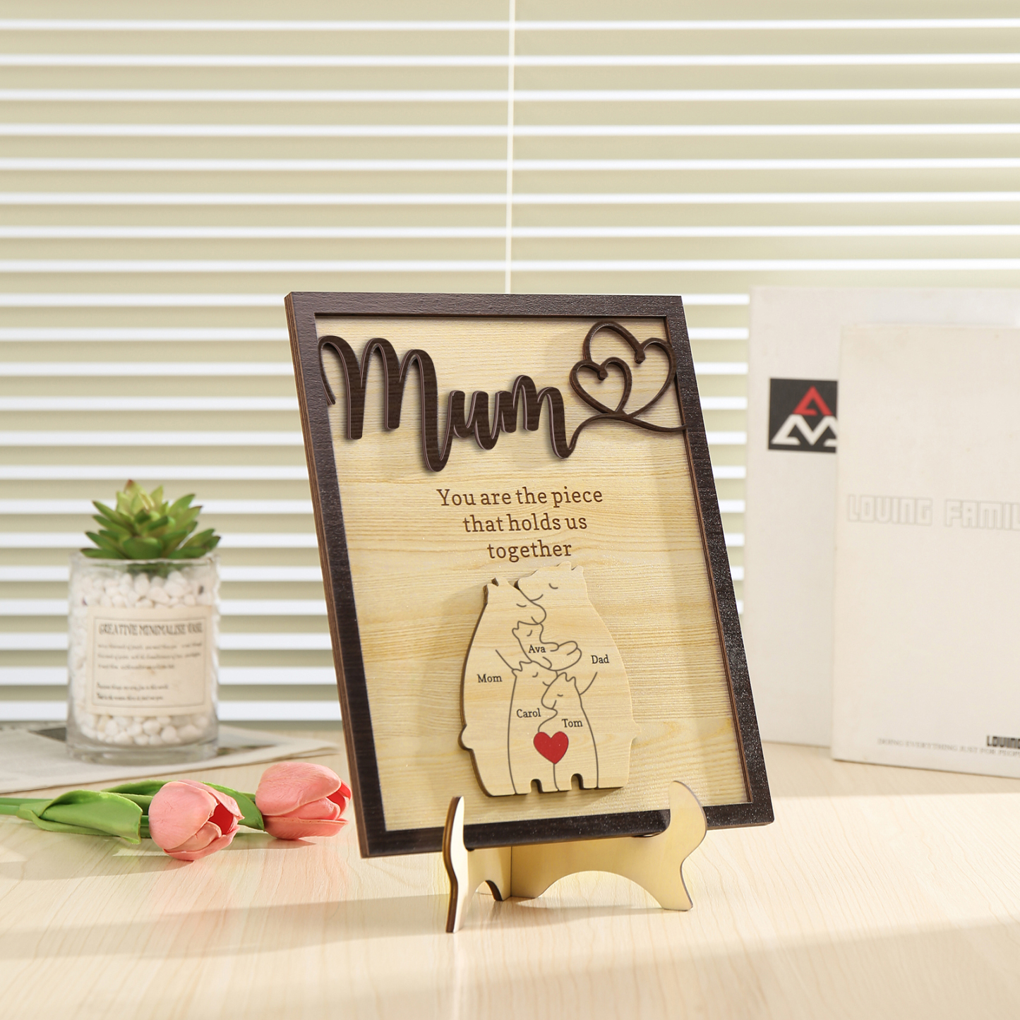 Personalised Bear Puzzle Pieces Wooden Plaque Custom 5 Names Family Ornament With Stand Gifts for Mum - You Are The Piece That Holds Us Together-Jessemade AU