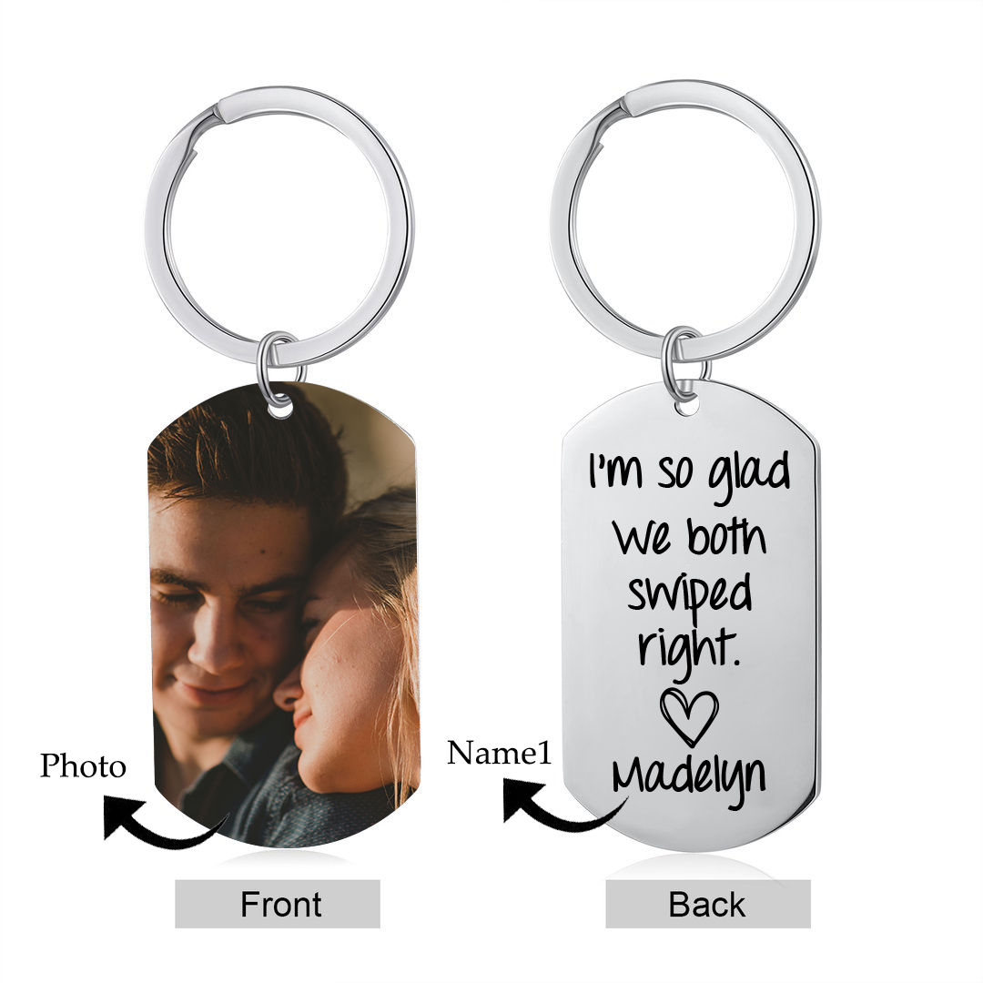 Personalised Photo & Name Keychain Stainless Steel Keyring Couple Gift - I'm So Glad We Both Swiped Right-Jessemade AU
