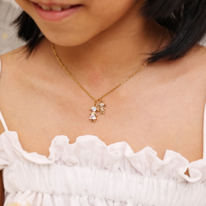 Gold Necklace with Two Adorable Doll Zircon Charms for Kids-Jessemade AU