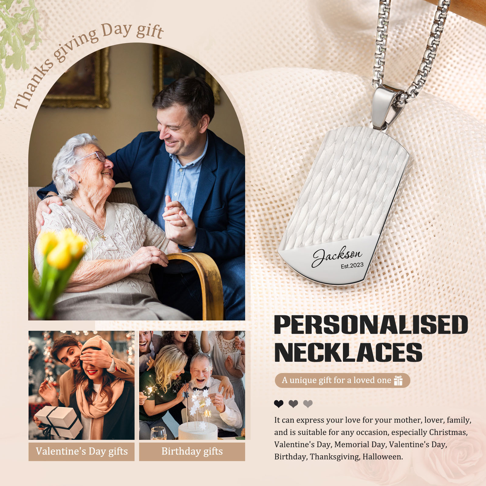 Personalised Men's Necklace Customised Name & Date & Text Dog Tag Necklace Stainless Steel Gift for Him-Jessemade AU