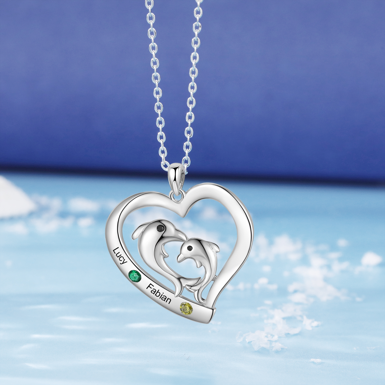 Personalised Heart Dolphin Pendant Necklace Custom 2 Birthstones Engraved 2 Names Necklace Gift for Her-Jessemade AU