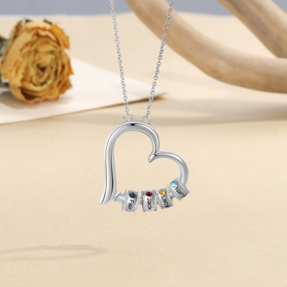 Personalised Heart Necklace With 4 Birthstones Engraved Family Names Necklace Gift For Her-Jessemade AU