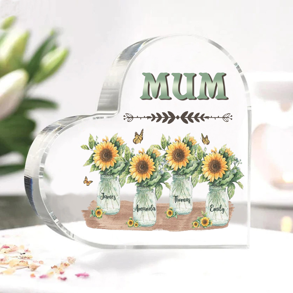 Personalised Acrylic Heart Keepsake Custom 4 Names & 1 Text Sunflower Vase Ornament Gifts for Mother/Grandma-Jessemade AU