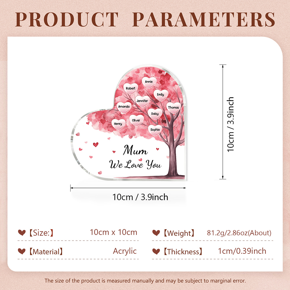 10 Names - Personalised Acrylic Heart Keepsake Custom Text Pink Tree Ornaments Gifts for Grandma/Mother-Jessemade AU
