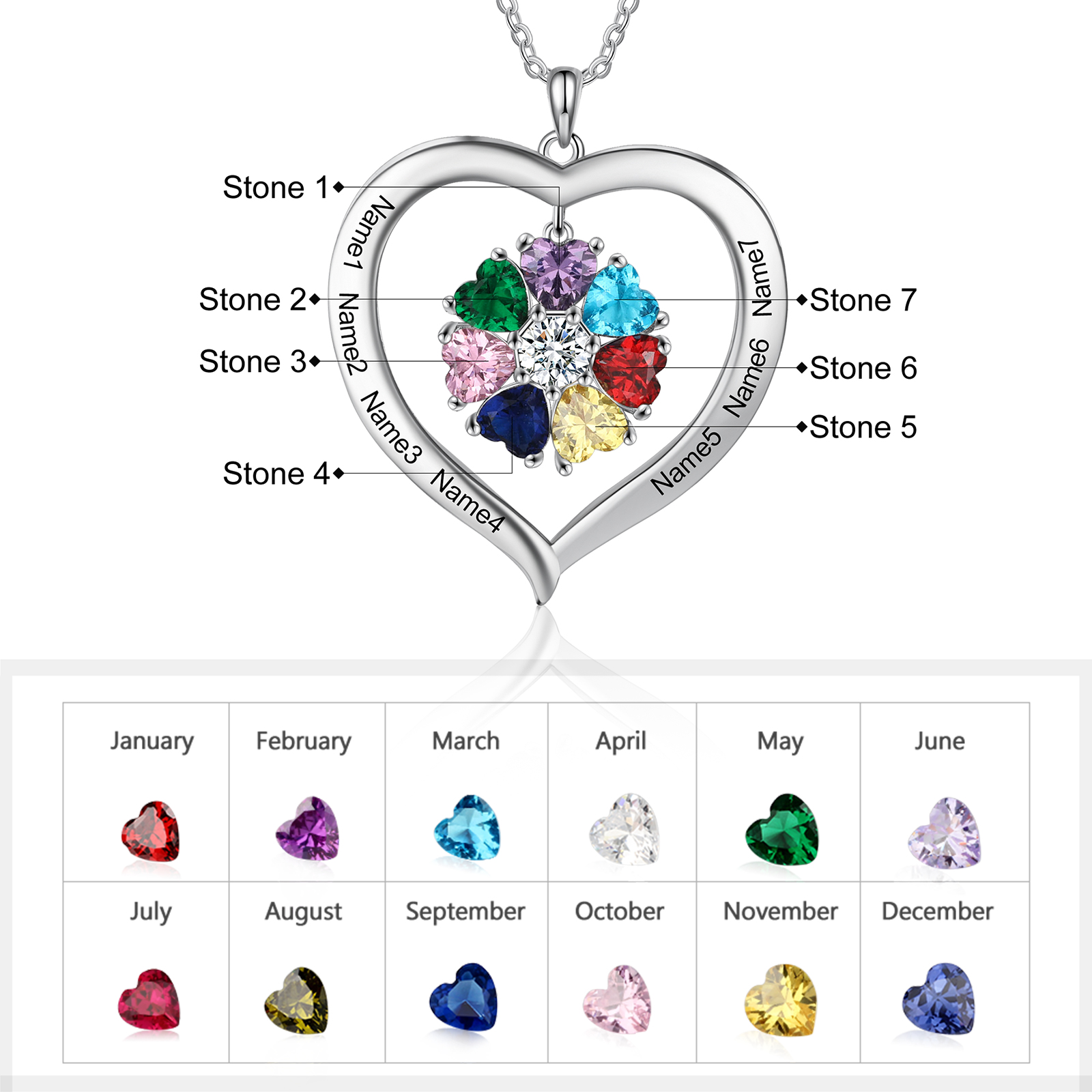 Personalised Heart Necklace with 7 Birthstones Engraved Names Family Necklace Gifts for Her-Jessemade AU