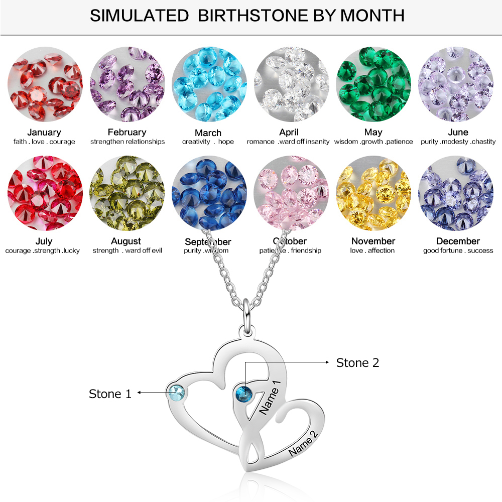 Personalised Heart Necklace With 2 Birthstones Engraved Names Gift For Her-Jessemade AU