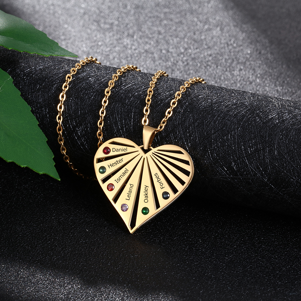 Personalised Heart Necklace With 6 Birthstones Engraved Names Gift For Her-Jessemade AU