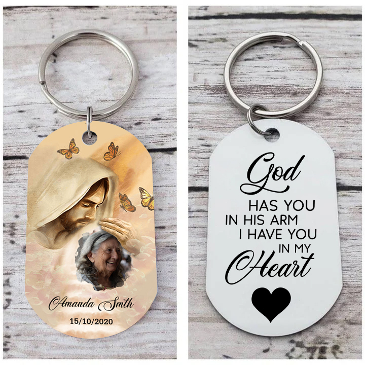 Memorial Photo Keychain Custom Name & Date Keyring Personalised Keychains - God Has You in His Arm, I Have You in My Heart-Jessemade AU