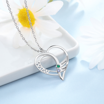 Personalised Heart Necklace With 2 Birthstones Engraved Names Gift For Mother-Jessemade AU