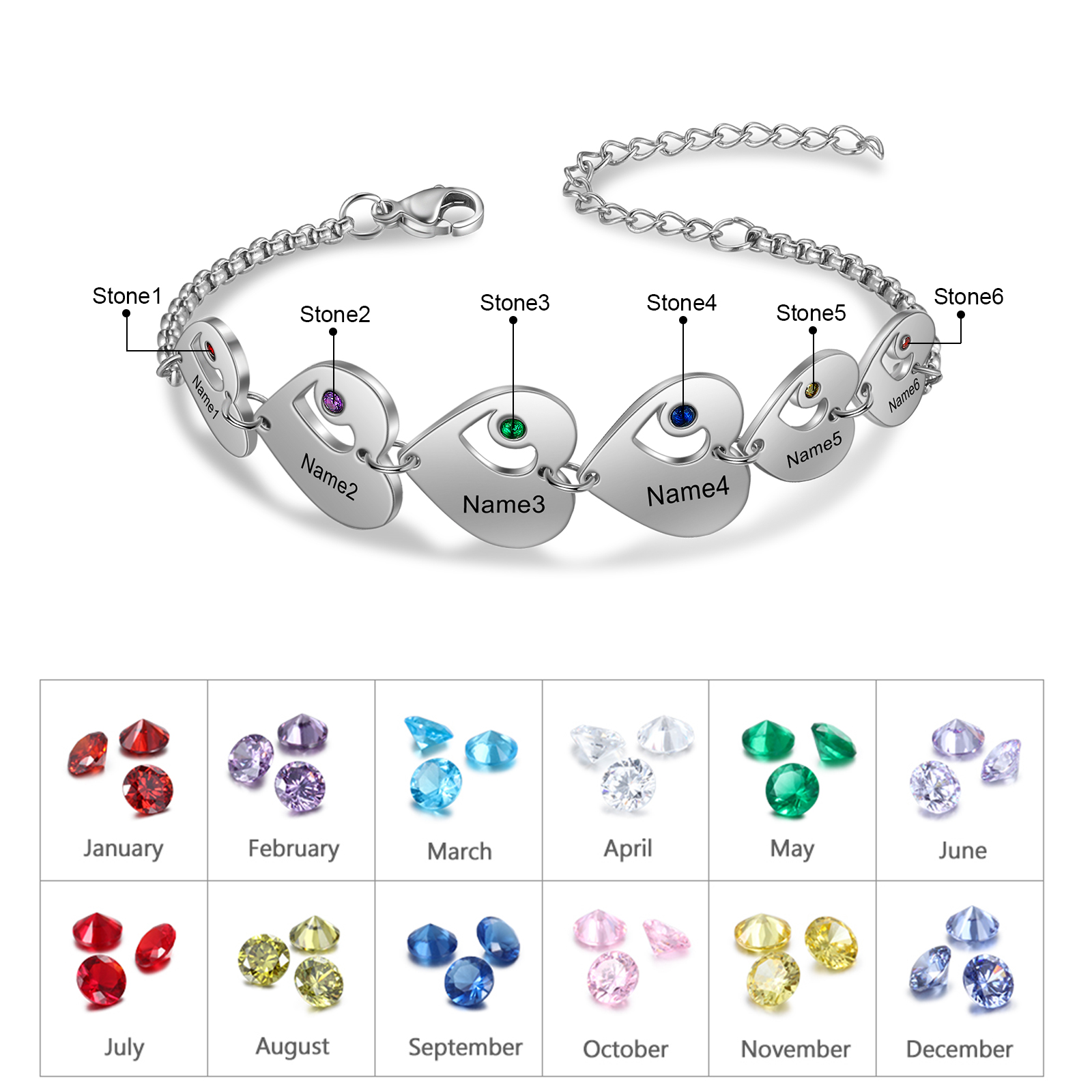 6 Names - Personalised Heart Bracelet Custom Names & Birthstones Family Bracelet Gifts for Her-Jessemade AU