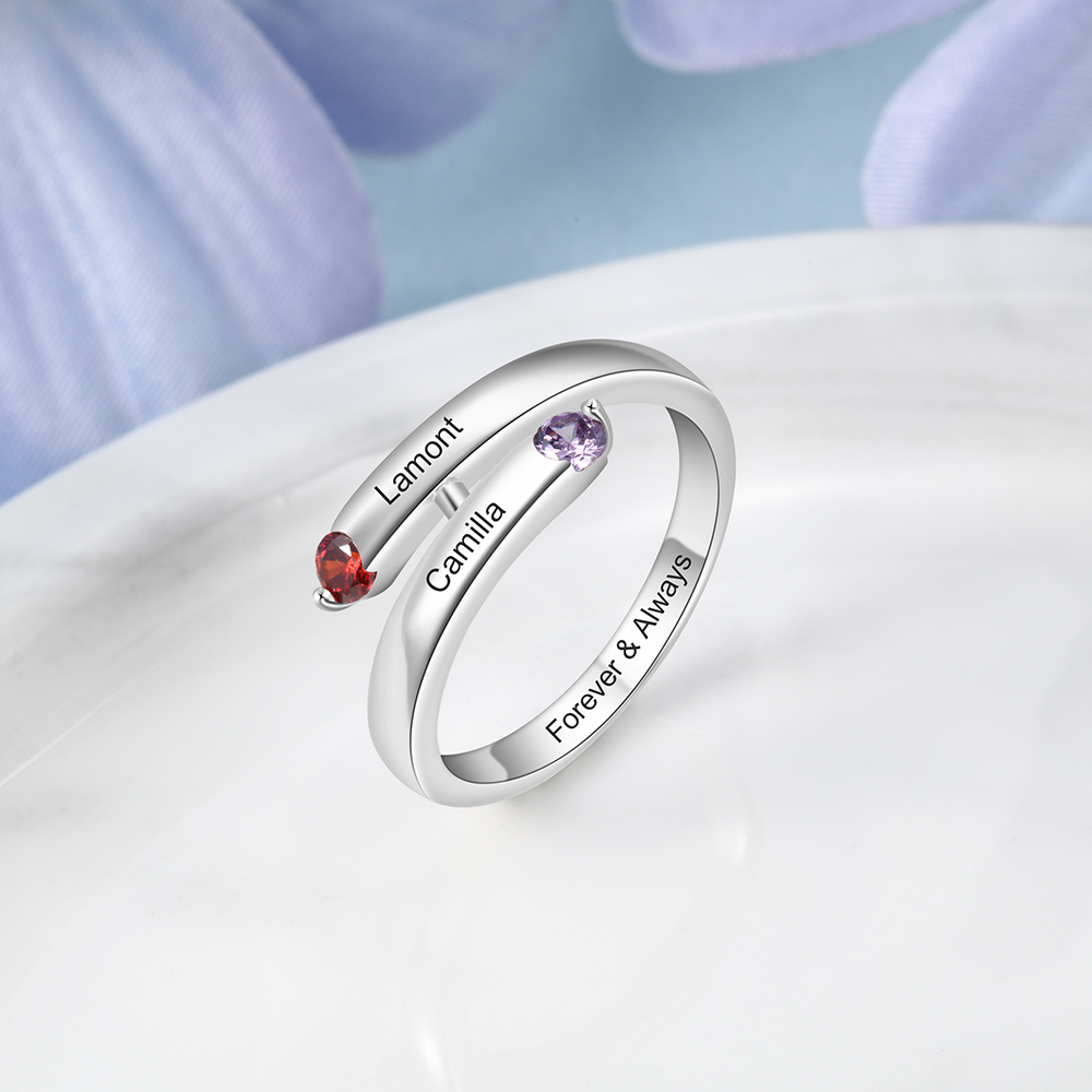 S925 Silver Ring Personalised 2 Birthstones Promise Ring With Names Gifts For Her-Jessemade AU