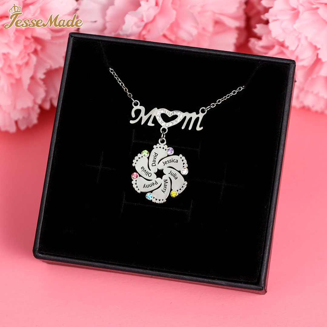Mom Necklace Customised Baby Feet Necklace with Birthstones Engraving 8 Names Gifts for Her-Jessemade AU