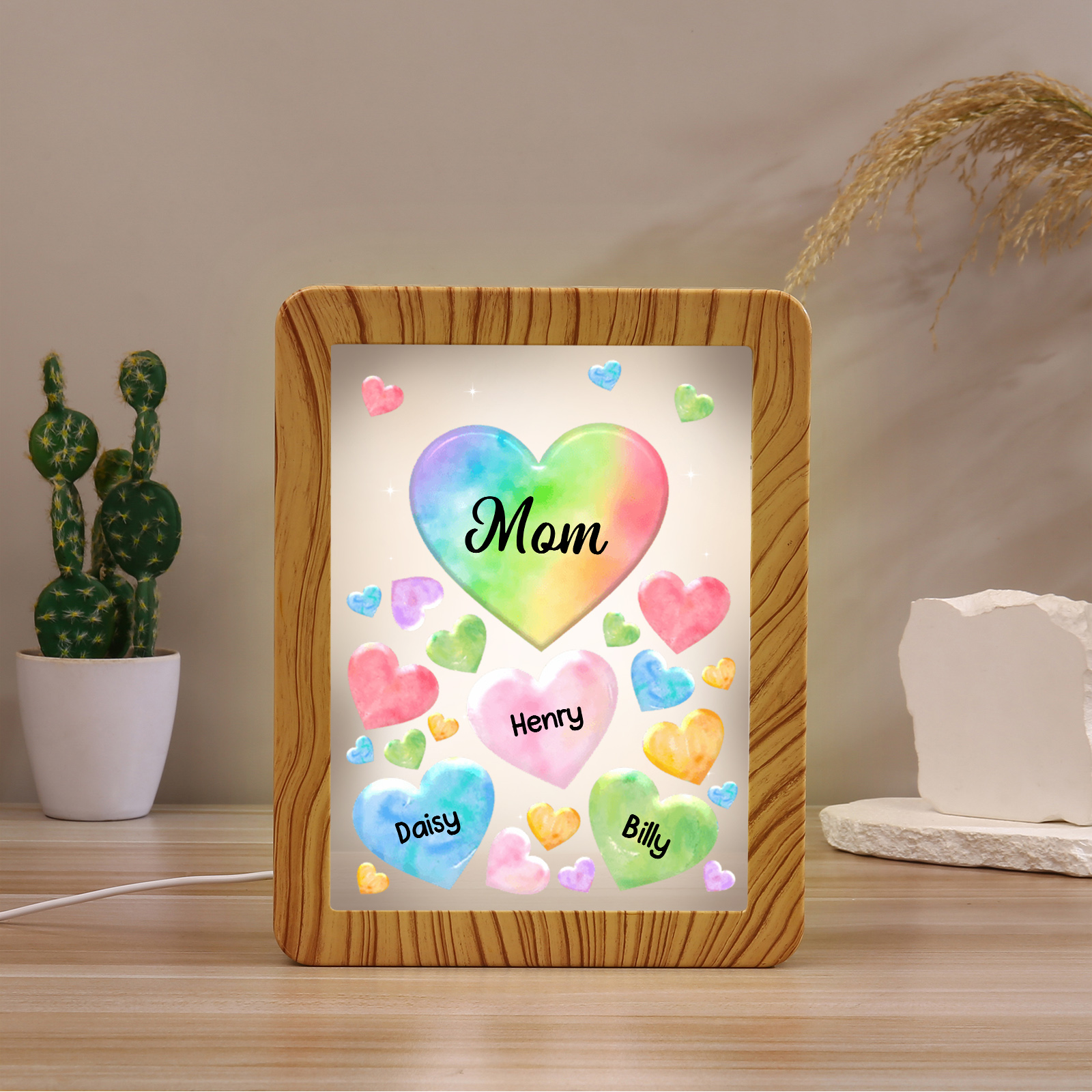 Personalised Night Light Mirror Frame Custom 1 Text & 3 Names Colourful Hearts Family LED Lamp Gift for Grandma/Mother-Jessemade AU