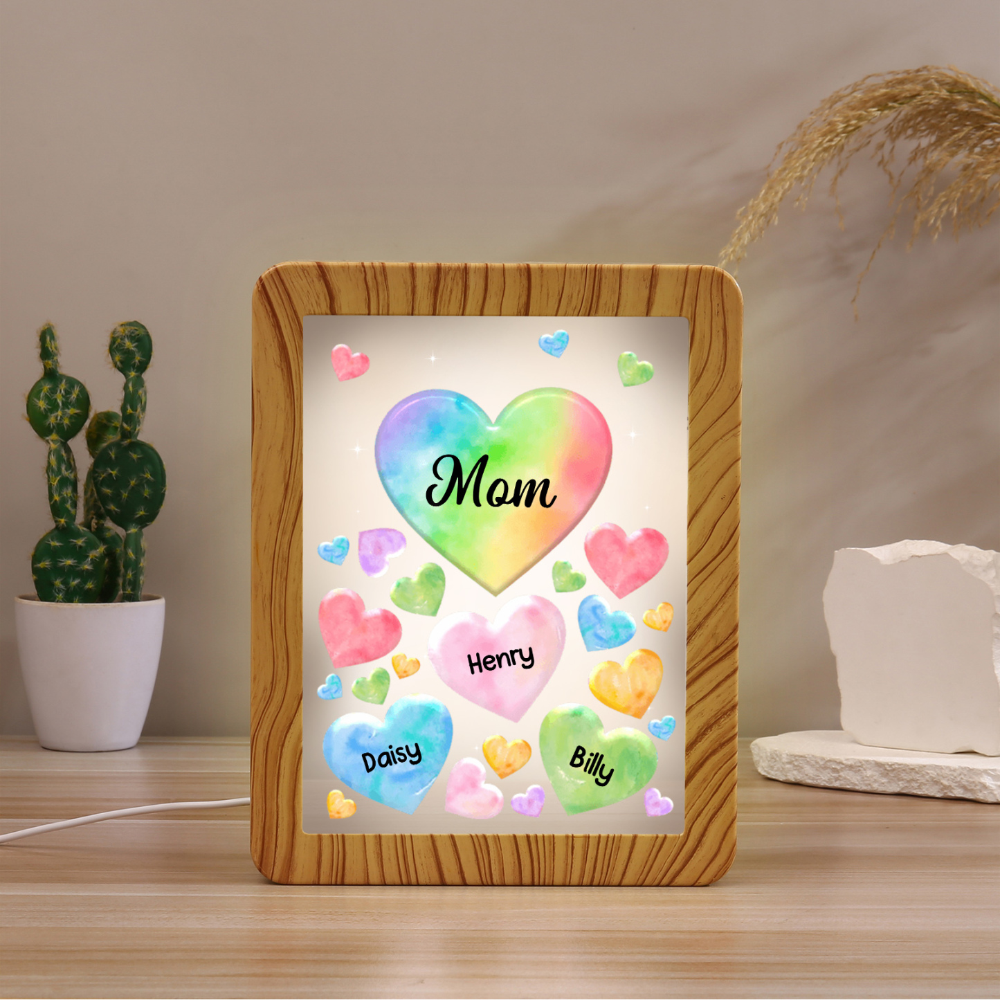 Personalised Night Light Mirror Frame Custom 1 Text & 3 Names Colourful Hearts Family LED Lamp Gift for Grandma/Mother-Jessemade AU