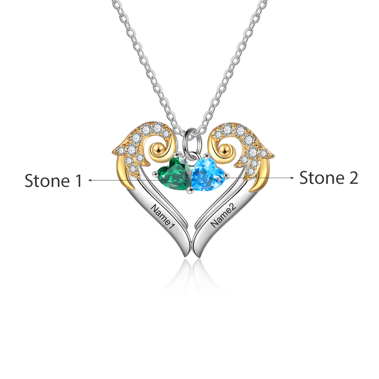 Personalised Heart Wings Necklace With 2 Birthstones Engraved Names Best Gift For Her-Jessemade AU