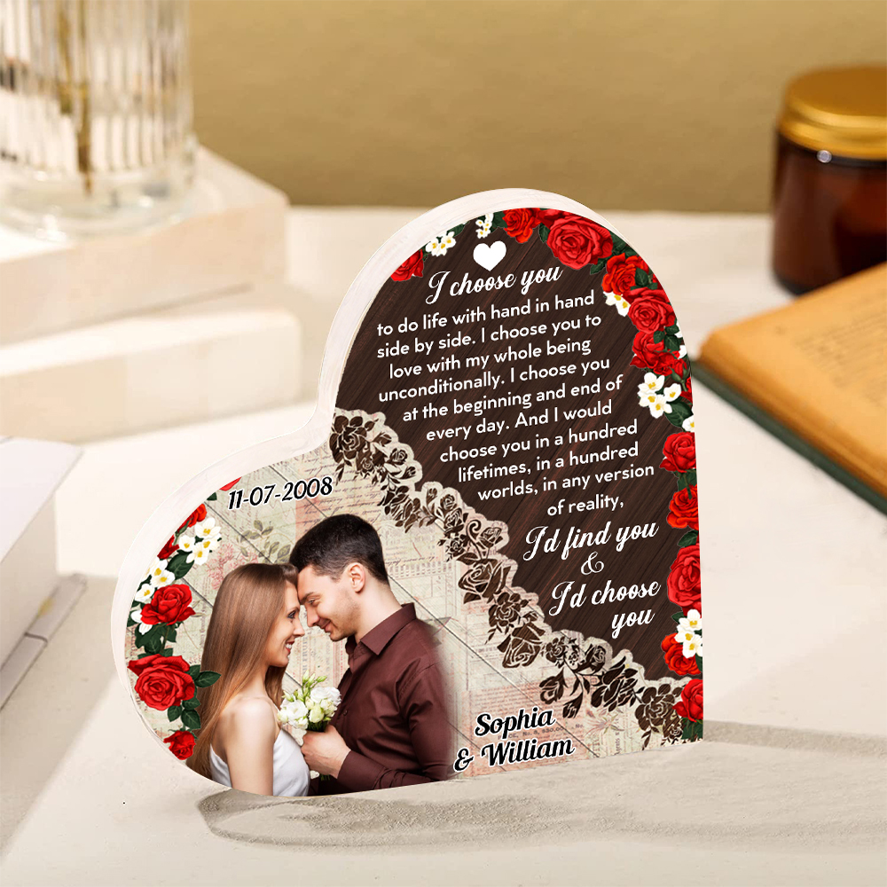 Couple Acrylic Heart Keepsake Custom 2 Names & Date & Photo Ornament Valentine's Day Gift -  I Choose You To Do Life With Hand In Hand Side By Side-Jessemade AU