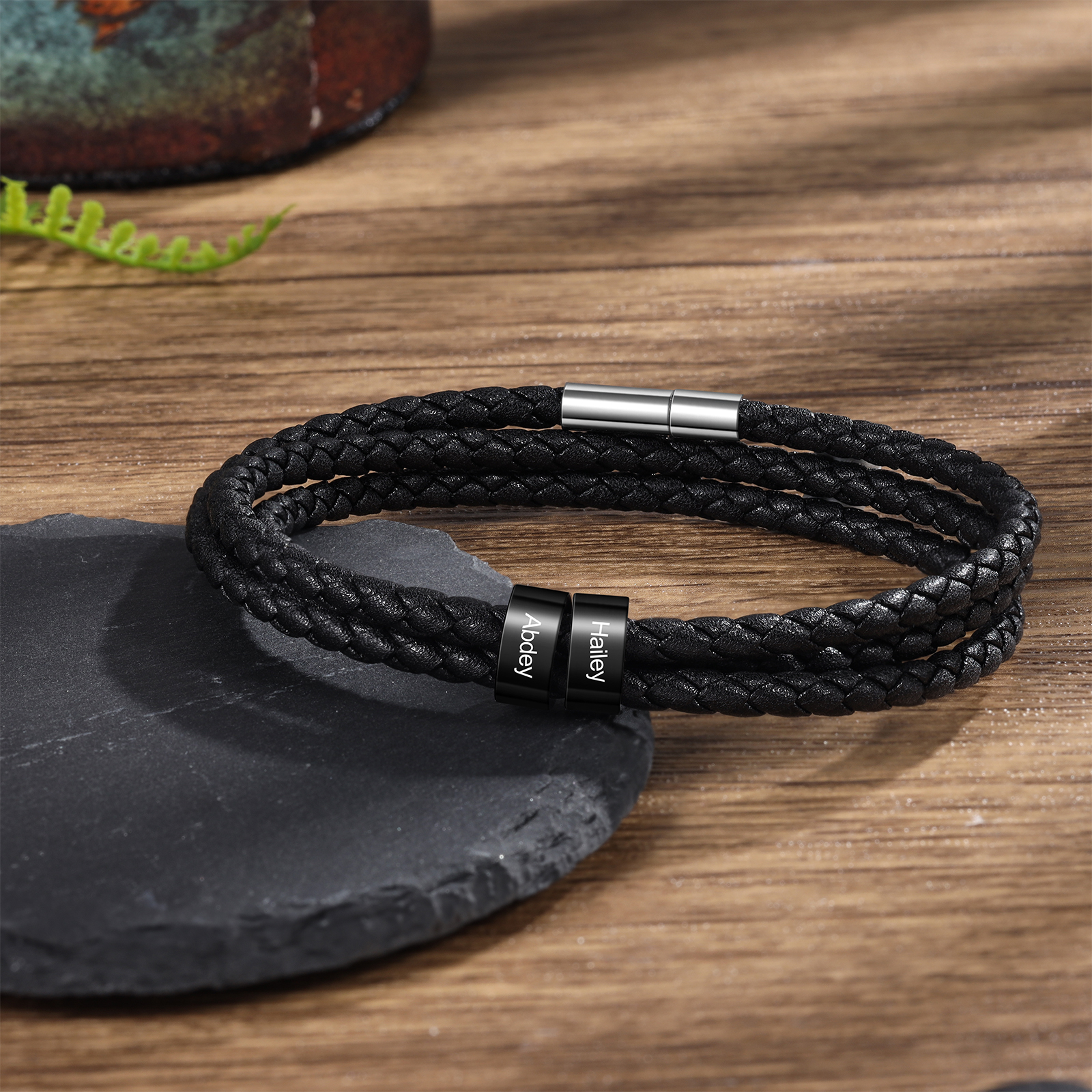 Father's Day Gift Men Braided Leather Bracelets with 2 Beads Bracelet Gifts for Him-Jessemade AU