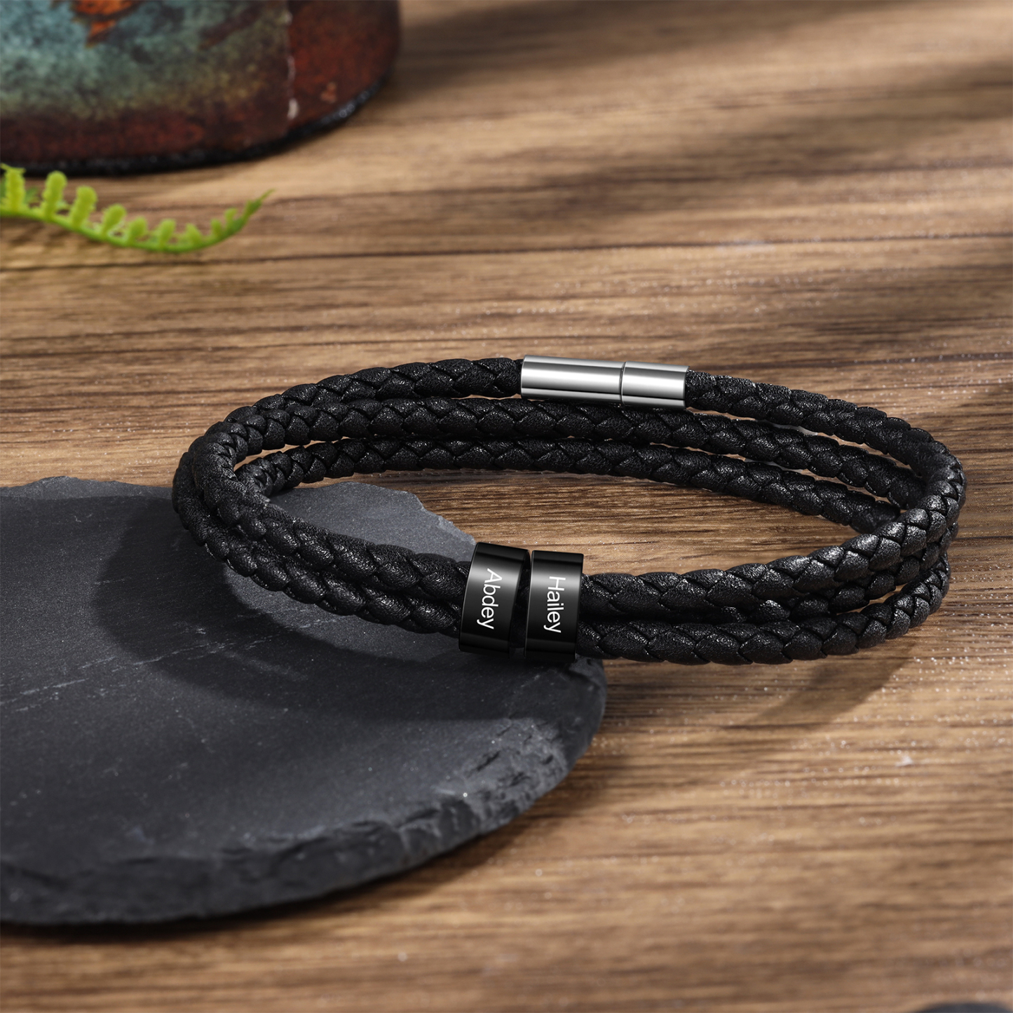 Father's Day Gift Men Braided Leather Bracelets with 2 Beads Bracelet Gifts for Him-Jessemade AU