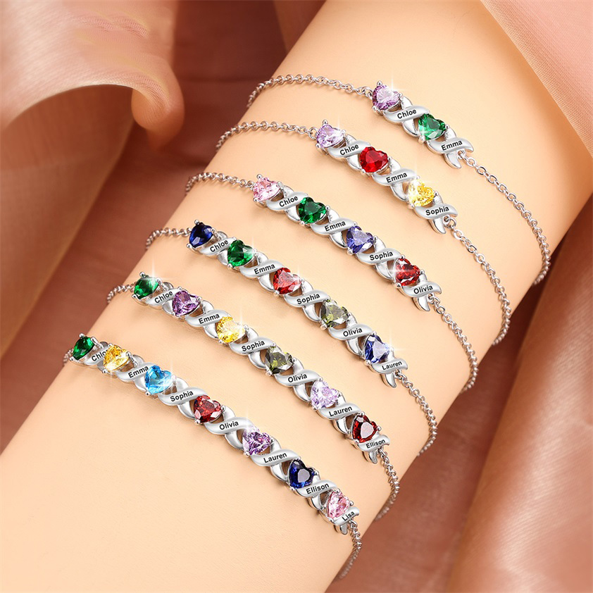 Personalised Bracelet With 6 Heart Birthstones Engraved Names Bracelet Gift For Women-Jessemade AU
