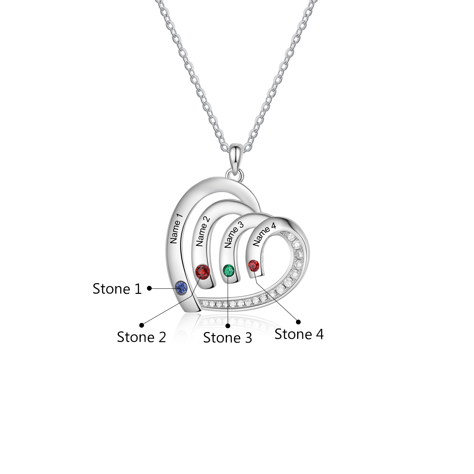 Personalised Heart Pendant Necklace Custom 4 Birthstones & 4 Names Necklace Gifts for Her-Jessemade AU