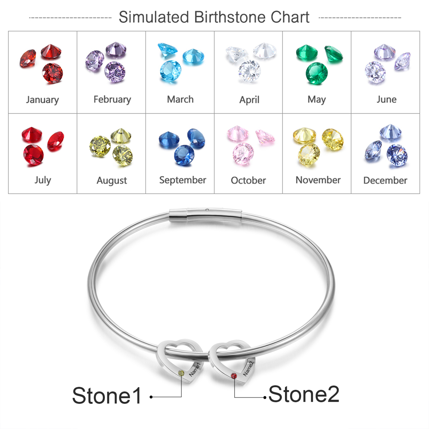 Personalised Heart Bracelet With 2 Birthstones Engraved Names Bracelet Gift For Women-Jessemade AU