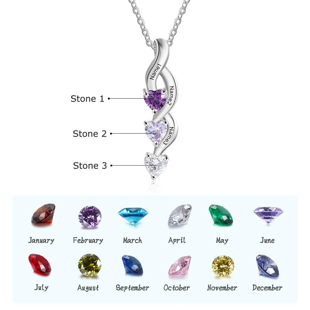 Personalised Necklace With 3 Heart Birthstones Engraved Names Gift For Women-Jessemade AU