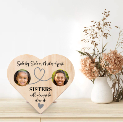 Sisters Will Always Close At Heart Personalised Photos Wooden Heart Keepsake Desktop Ornament-Jessemade AU