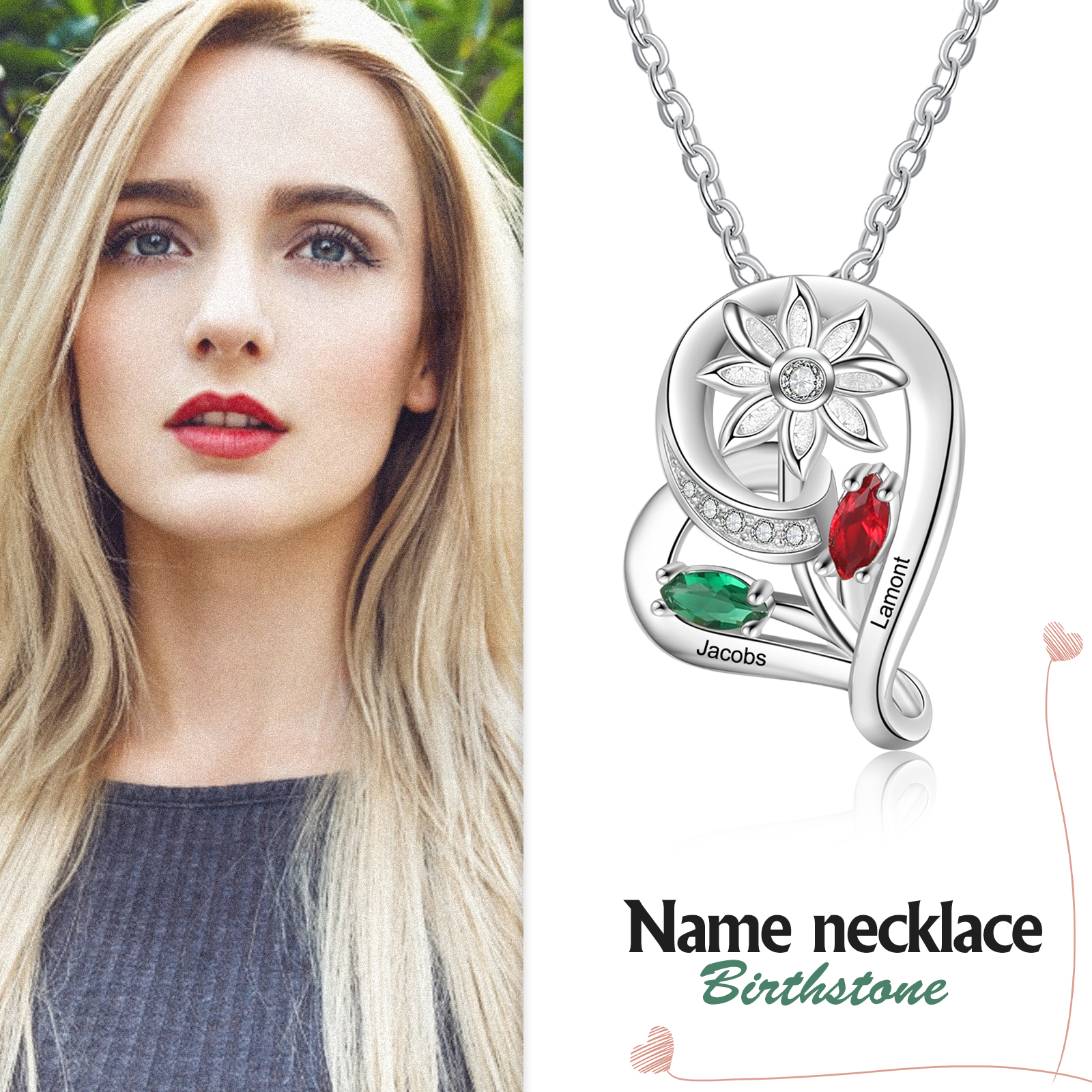 Personalised Heart Flower Necklace With 2 Birthstone Engraved Names Gift For Her-Jessemade AU