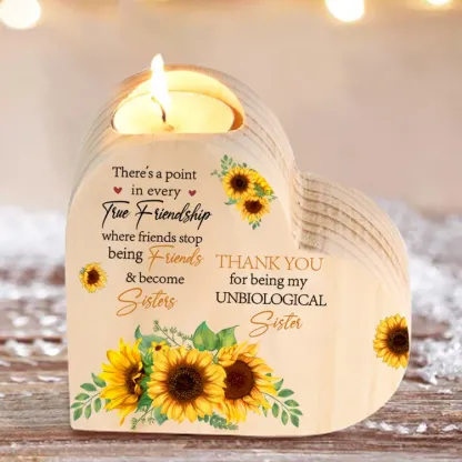 To My Bestie Heart Candle Holder "Thank You for Being My Unbiological Sister" Sunflower Wooden Candlestick Gifts For Friend-Jessemade AU