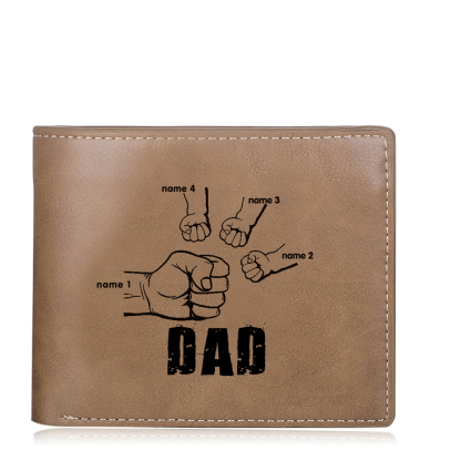 Personalised Leather Mens Wallet Engraved 4 Names Fist Bump Folding Wallet Father's Day Gifts-Jessemade AU