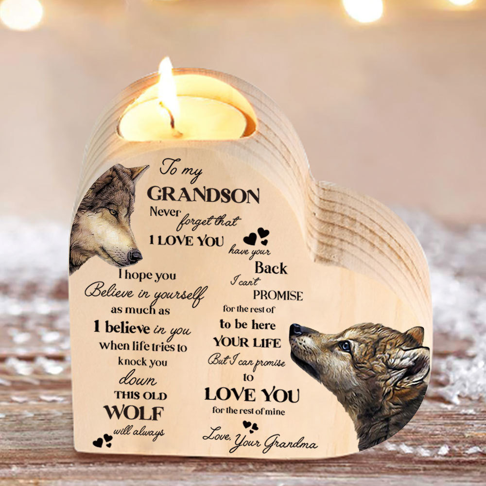 To My Grandson Wooden Heart Candle Holder "Never forget that I love you"-Jessemade AU