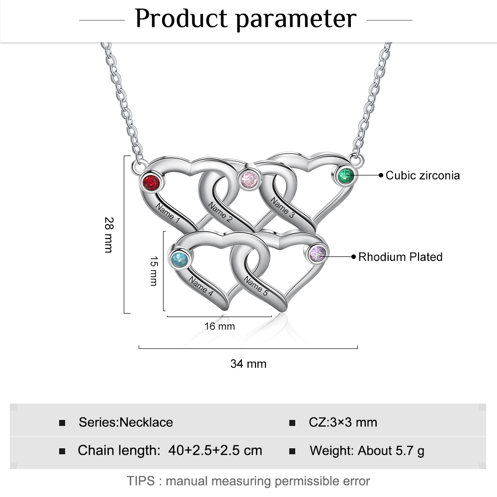 Personalised Heart Necklace With 5 Birthstones Engraved Names Gift For Her-Jessemade AU
