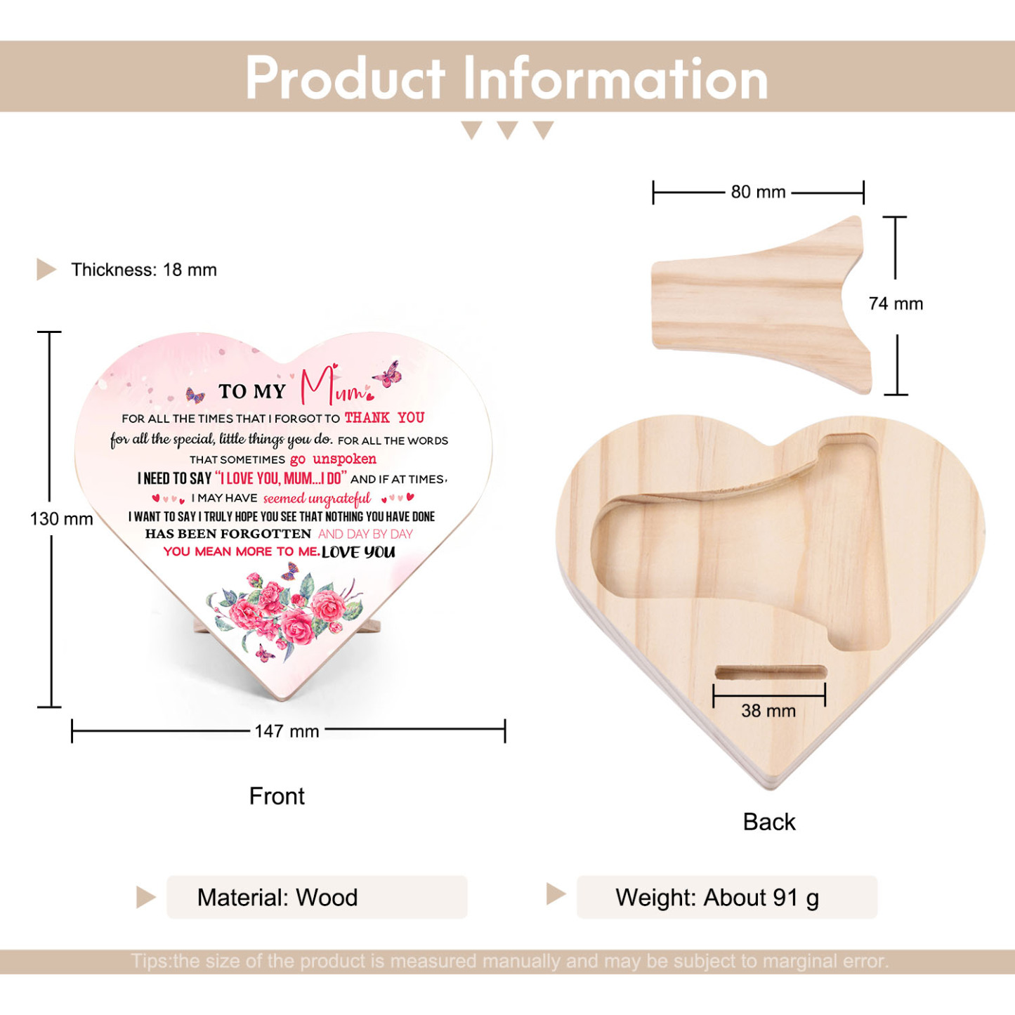 To My Mum Wooden Flowers Heart Keepsake Desktop Ornament "For all the times I forgot to thank you"-Jessemade AU